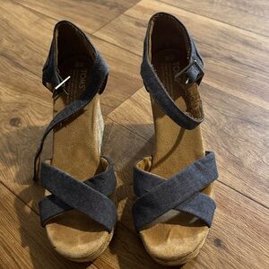 TOMS Charcoal Canvas Crisscross Ankle Strap Wedges